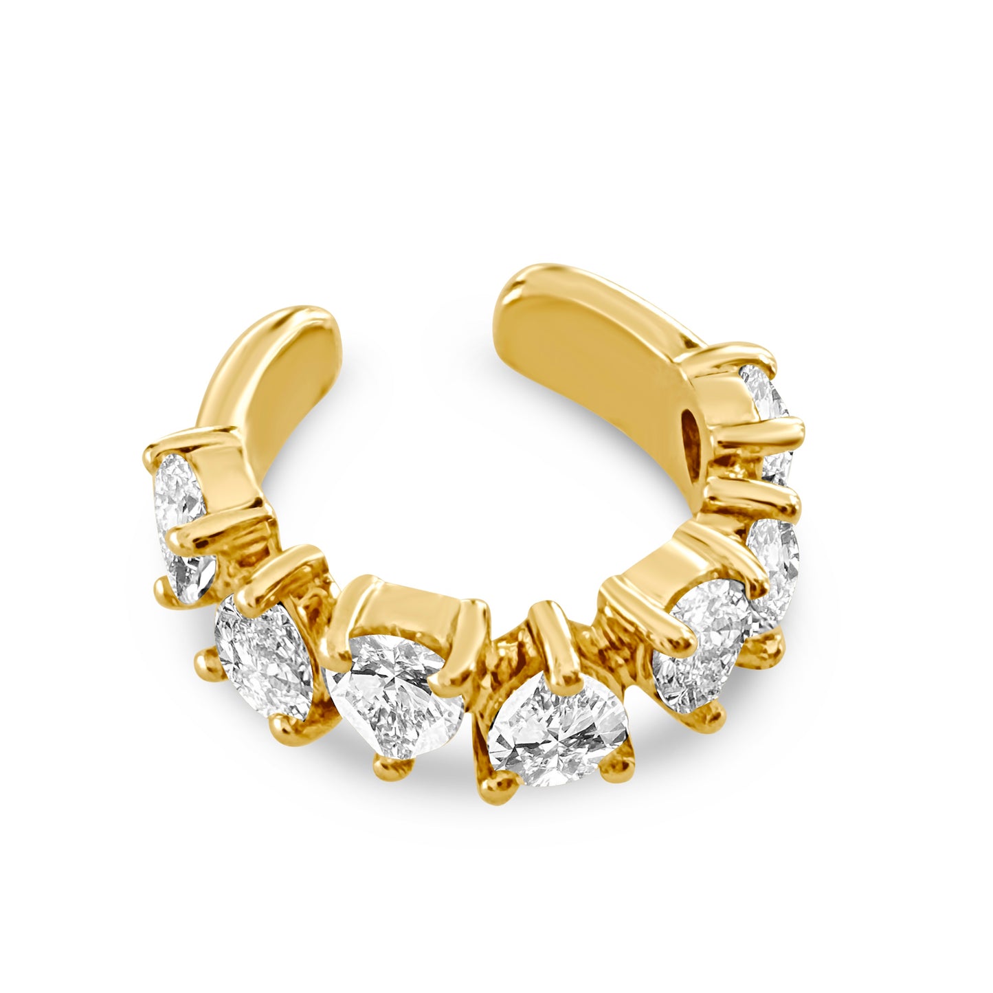 Lumeniri The Helene Pear Alternating Earcuff featuring 0.52ctw pear shaped lab grown diamonds in a sculptural 9mm 14K yellow gold cuff design on white background.