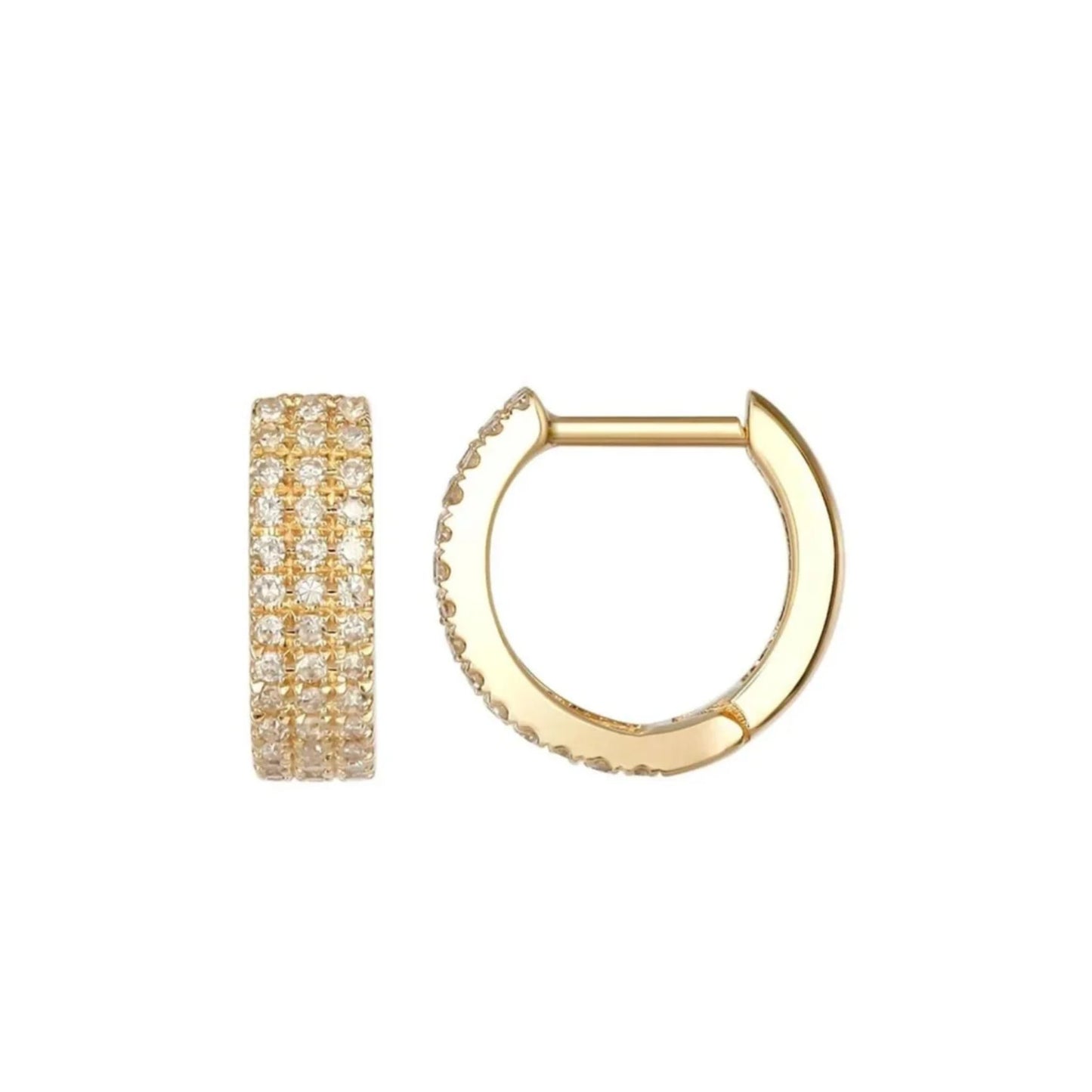Lumeniri The Kamali Pave Huggies Three Row featuring 0.18 ct of lab-grown diamonds in 14K Gold, displayed on a white background.
