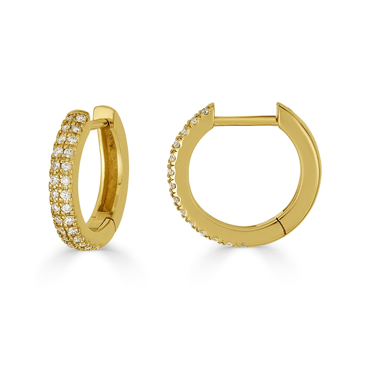 Lumeniri The Kamali pavé diamond huggie hoops showcasing fine round lab grown diamonds in refined 14K yellow gold minimalist jewelry design on white background.