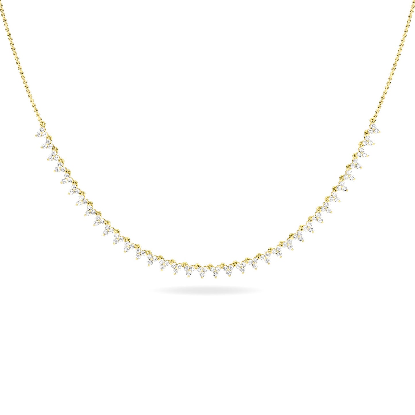 Lumeniri The Kelli Trilogy Necklace featuring 2.35ct lab grown diamonds in elegant 14K gold three-stone design on white background.