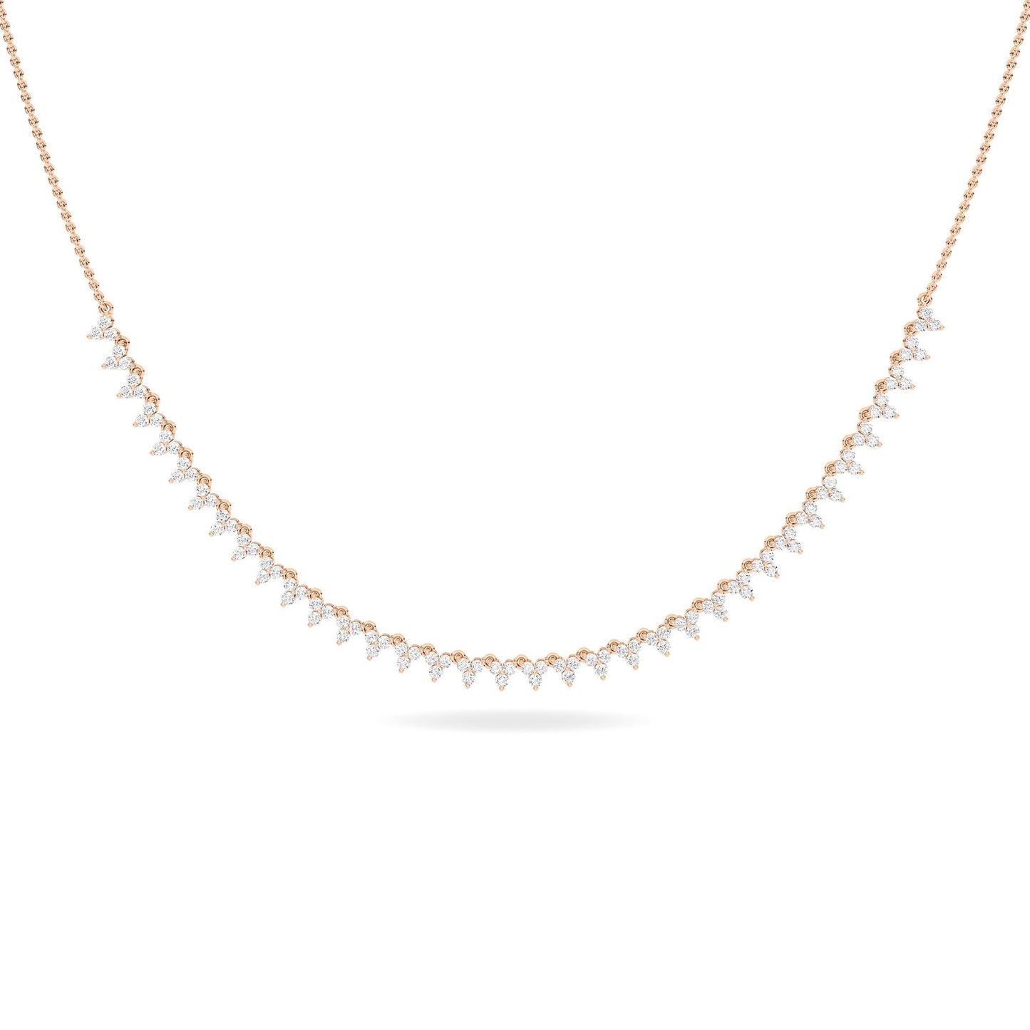 Lumeniri The Kelli Trilogy Necklace with EF color VS clarity lab grown diamonds in balanced three stone 14K rose gold fine jewelry styling on white background.