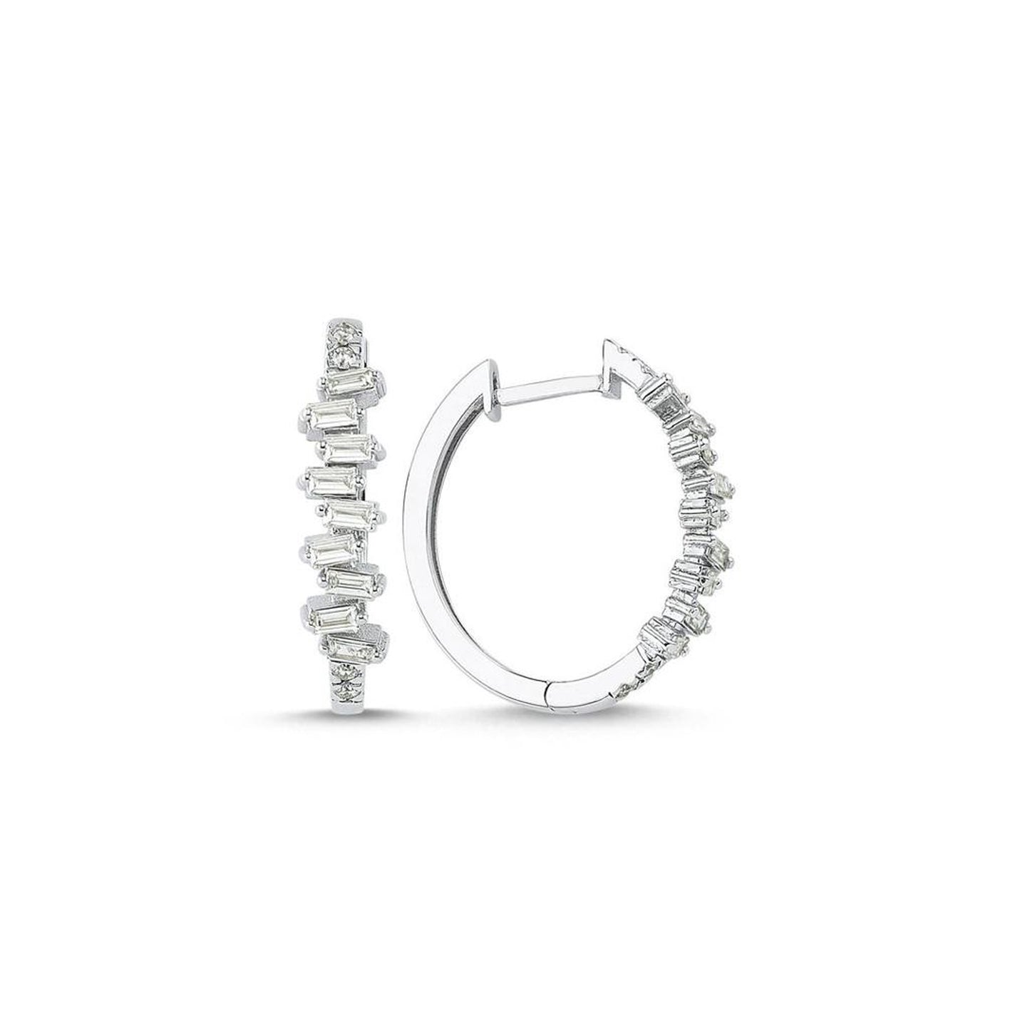 Lumeniri The Kiara huggie hoop earrings featuring 0.55ct baguette and round F-G VS lab grown diamonds in 14K white gold luxury fine jewelry design on white background.