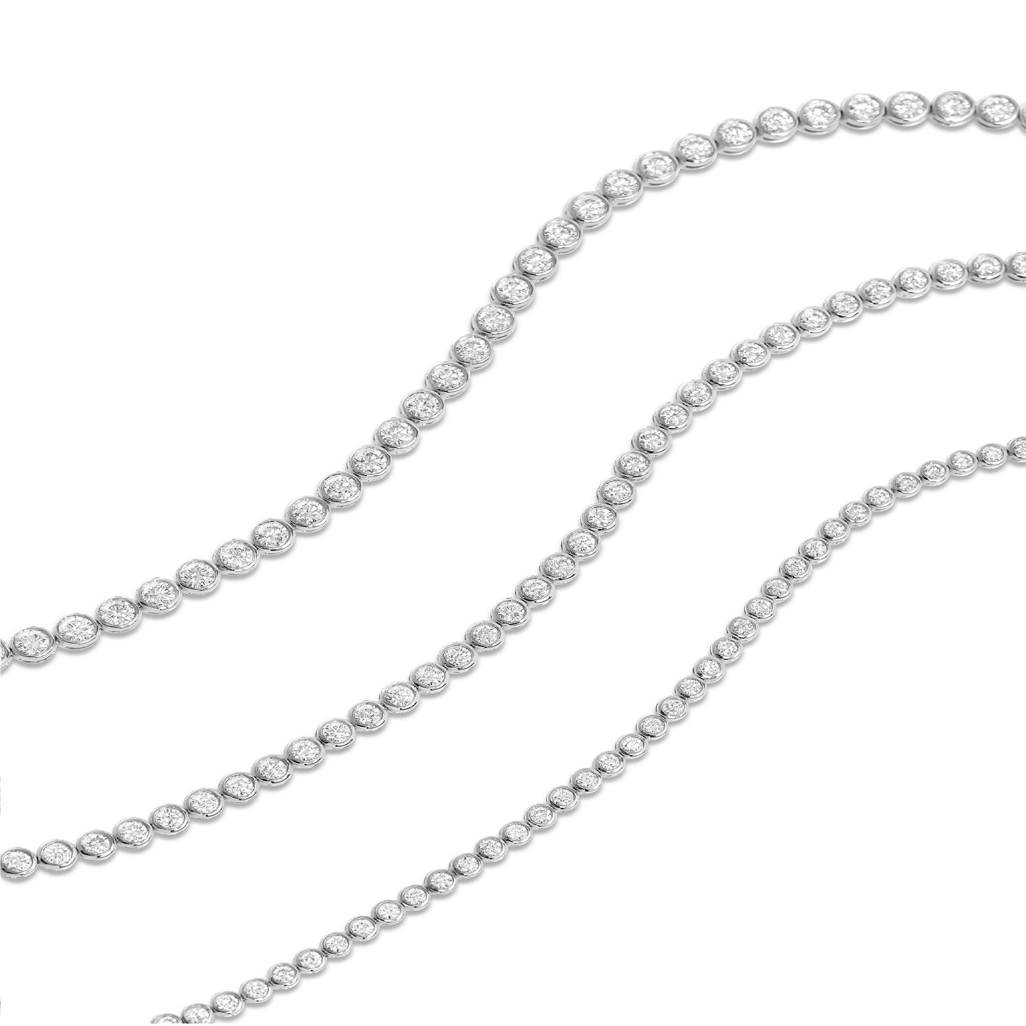 Lumeniri The Lucia 2.00ct round diamond tennis bracelet showcasing bezel set lab grown diamonds in refined 14K white gold luxury jewelry on white background.