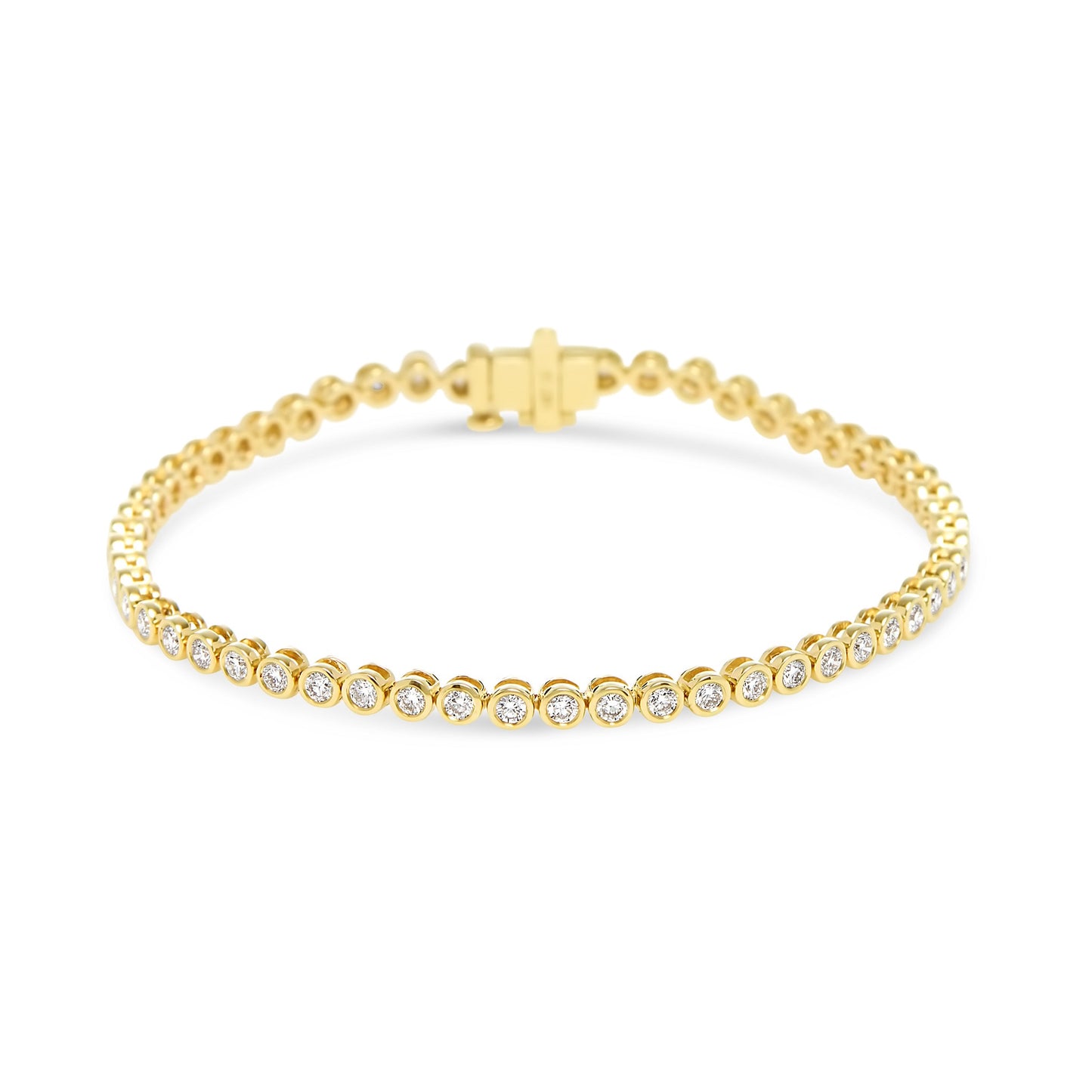 Lumeniri The Lucia 2ct round bezel set tennis bracelet featuring lab grown diamonds in 14K yellow gold on white background.