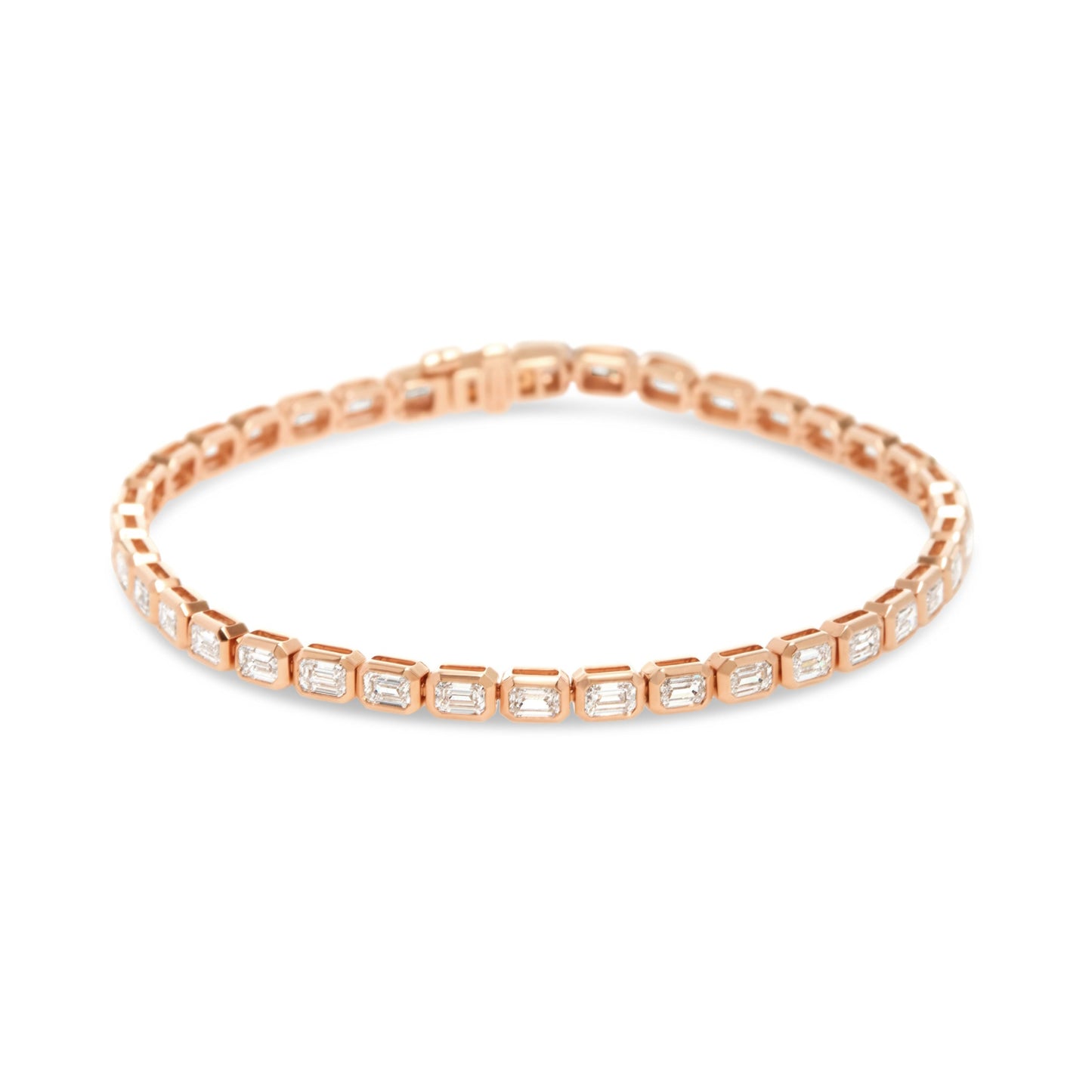 Lumeniri The Lucia Emerald Cut East-West Tennis Bracelet featuring 4.82ct lab grown emerald diamonds in bezel set 14K rose gold modern bracelet design on white background.