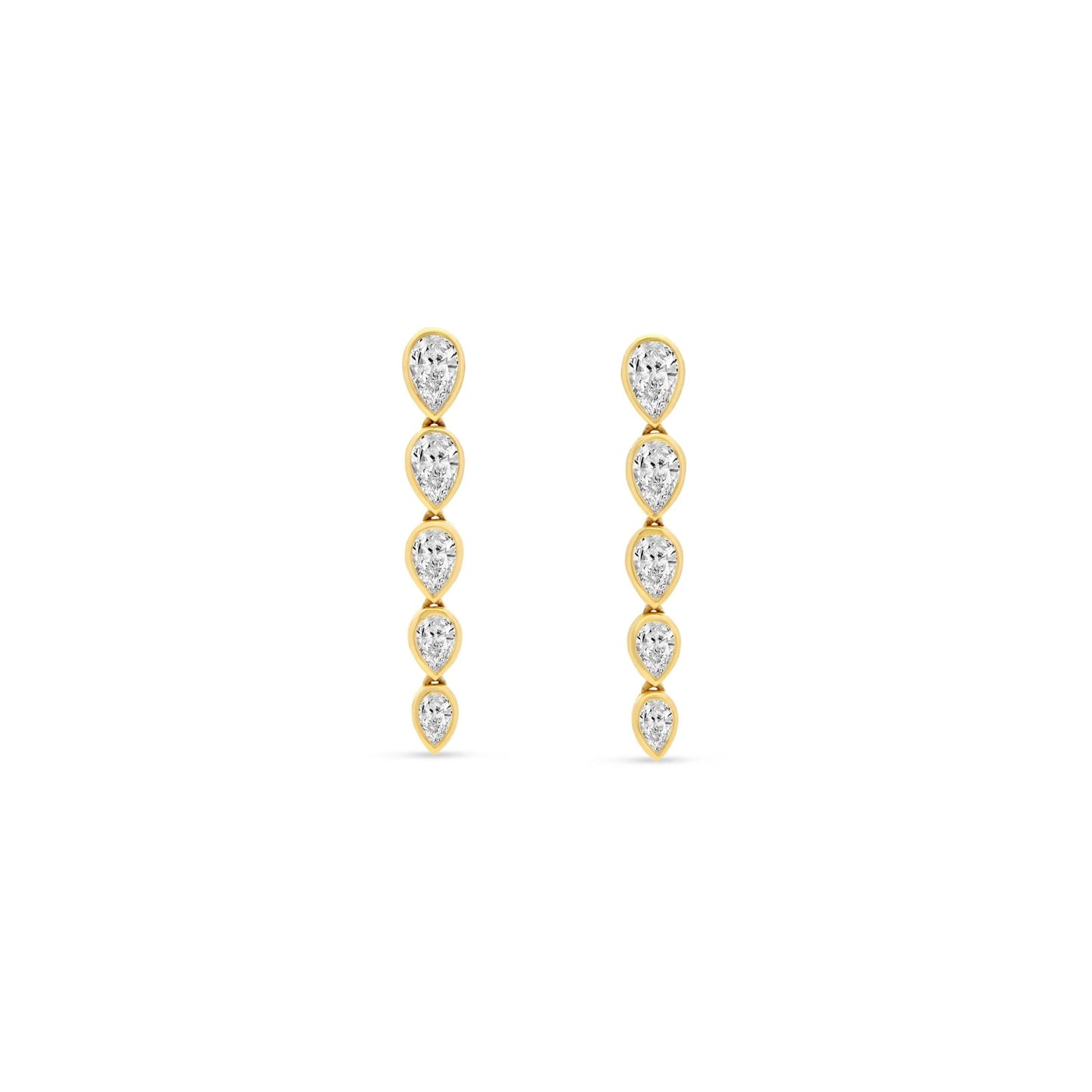Lumeniri The Lucia Graduated Pear Bezel Set Dangle Earrings featuring 2.03ct EF color, VS clarity lab grown diamonds in graduated pear cuts set in sleek 14K yellow gold, showcasing modern luxury on white background.