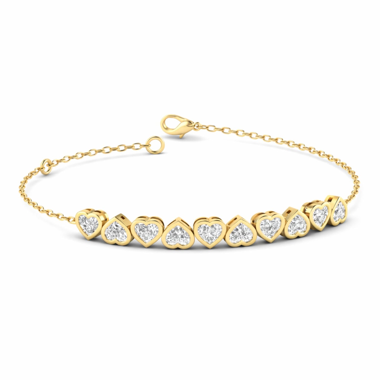 Lumeniri The Lucia Heart Half Tennis Chain Bracelet featuring 2.0ct lab grown diamonds in heart and round cuts with 14K yellow gold chain on white background.