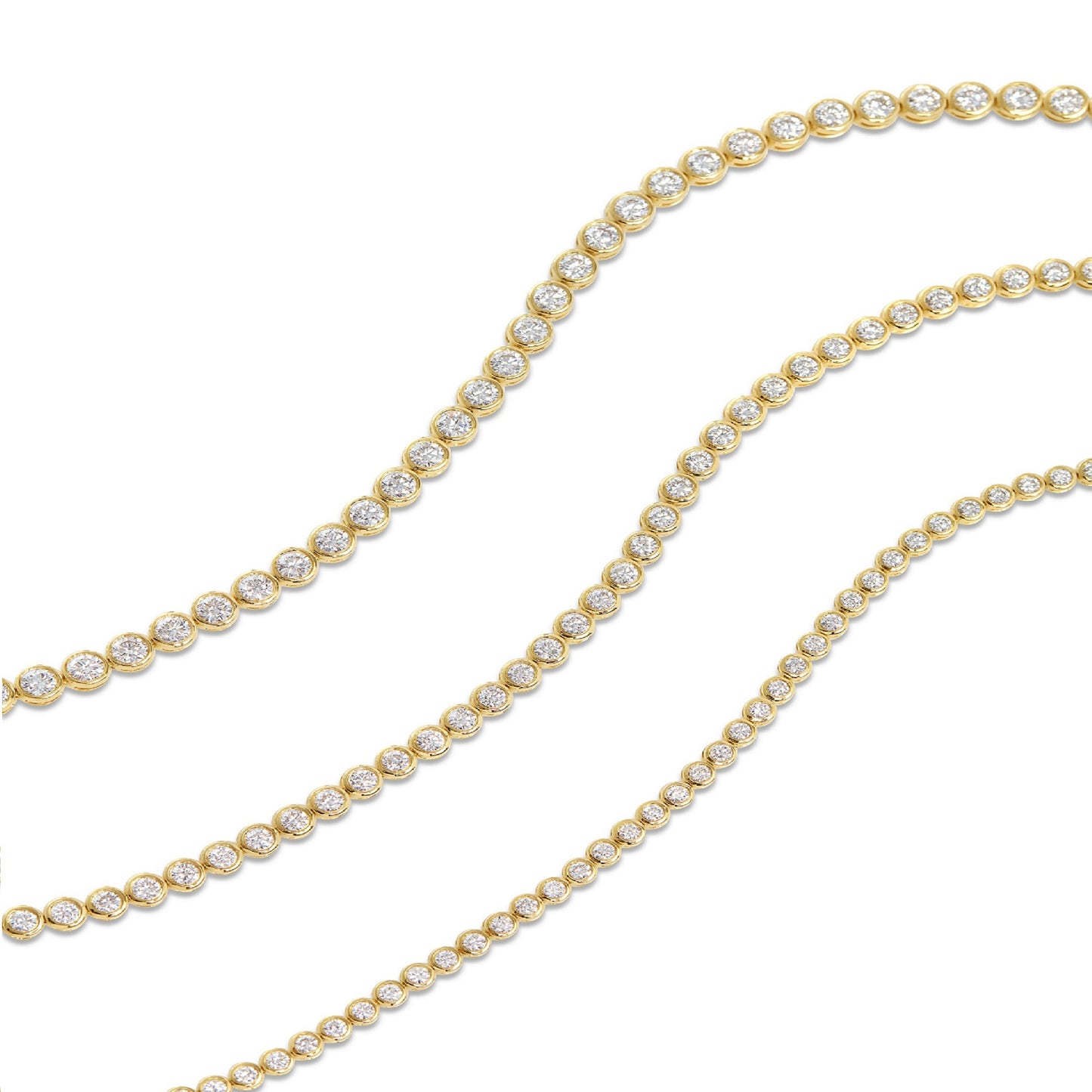 Lumeniri The Lucia diamond bracelet featuring 2ct round lab grown diamonds in smooth bezel set 14K yellow gold contemporary tennis style on white background.