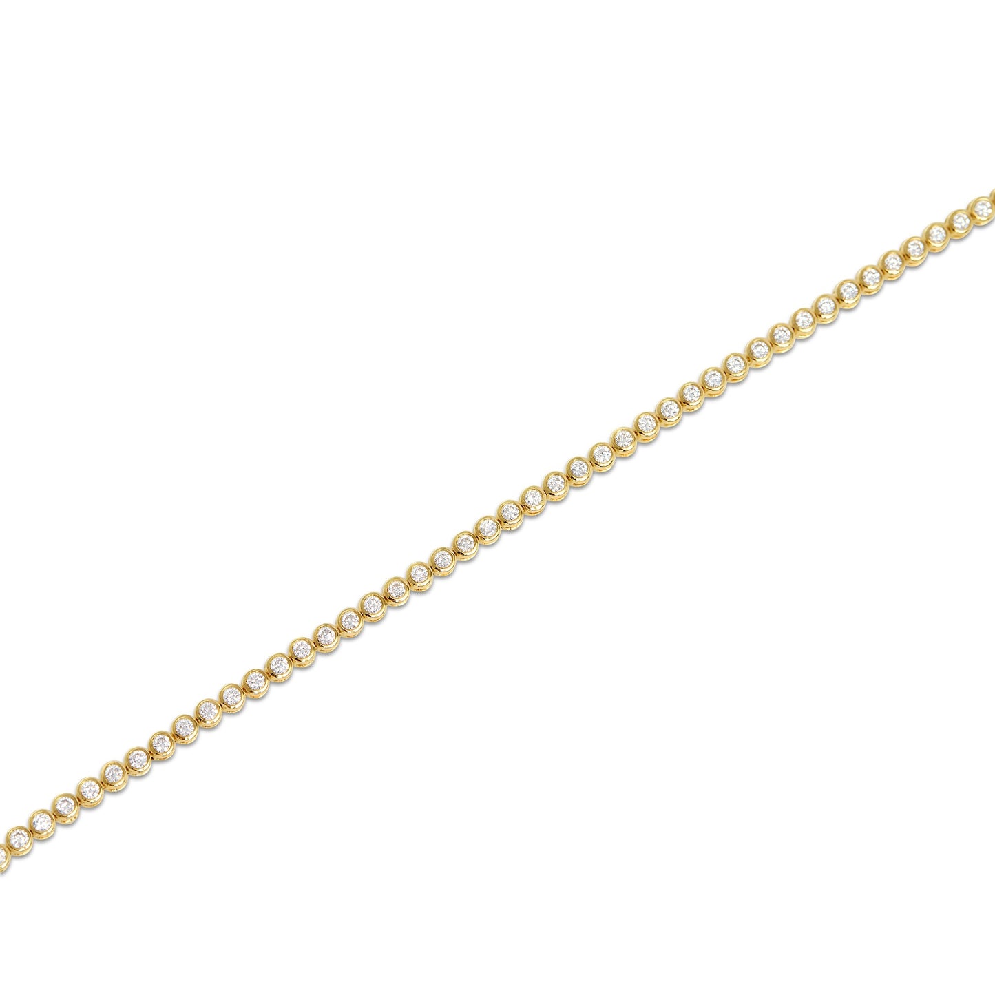 Lumeniri The Lucia round diamond bezel bracelet showcasing 2ct lab grown diamonds in sleek 14K yellow gold minimalist tennis bracelet design on white background.