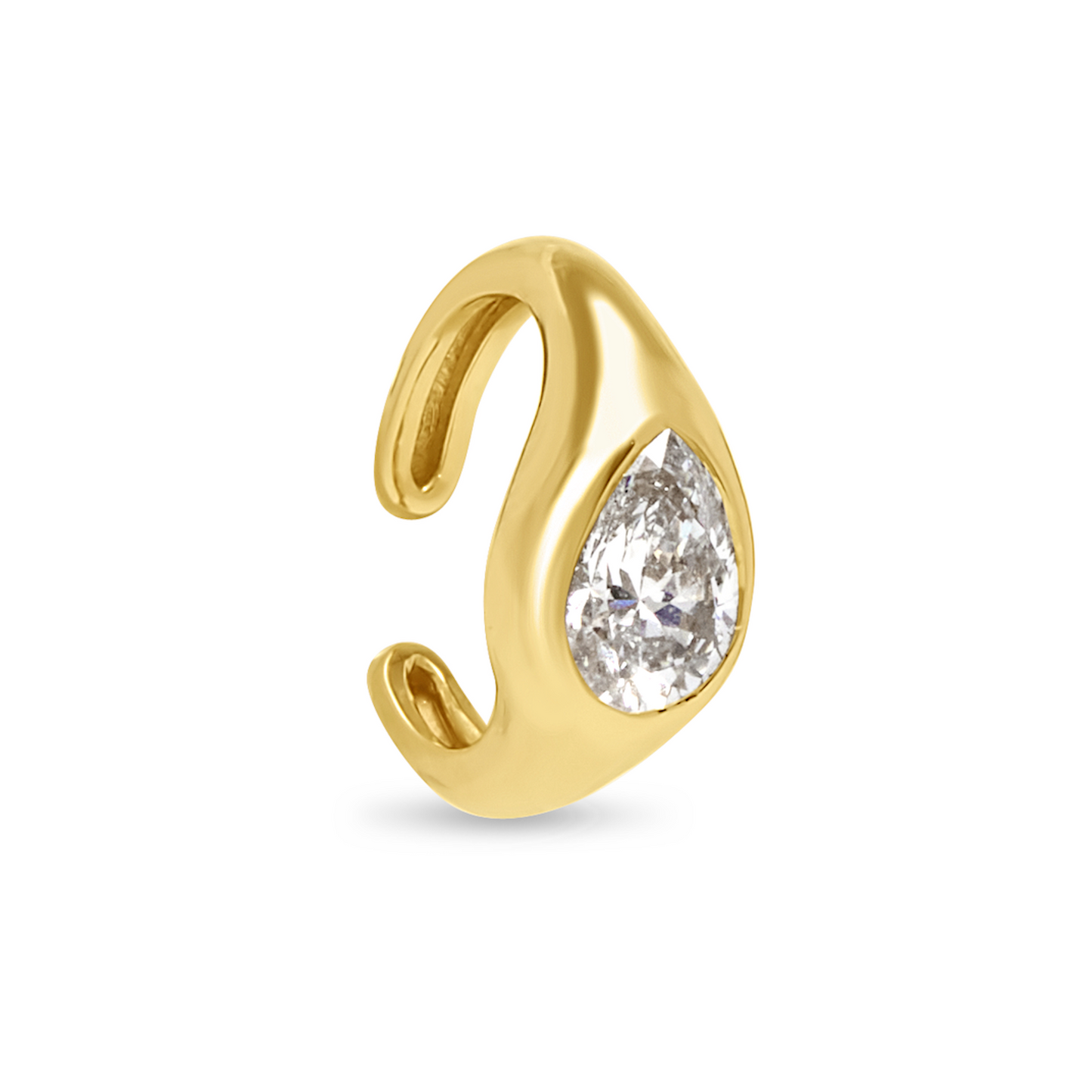 Lumeniri The Luna Cuff Culture earcuff showcasing pear shaped lab grown diamonds in 0.60ctw bubble silhouette 14K yellow gold modern cuff design on white background.