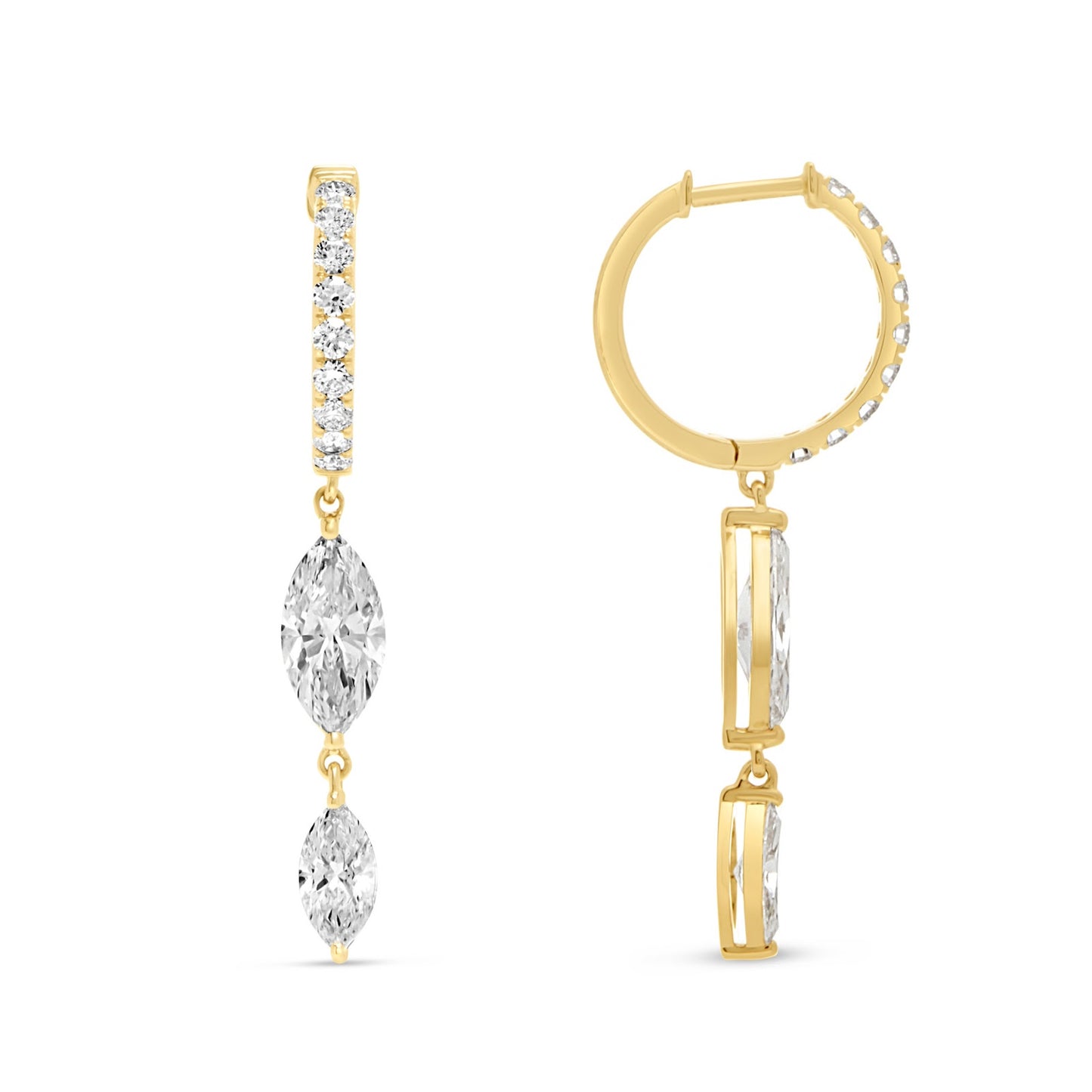 Lumeniri The Mahina dangle huggies featuring 2.0ct lab grown marquise diamonds in bezel set 14K yellow gold modern luxury design on white background.
