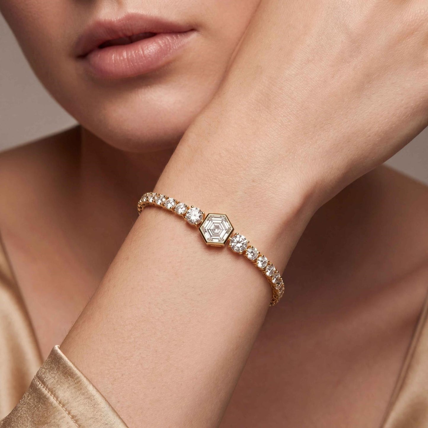 Lumeniri Valentina bracelet featuring 5.30 ctw lab grown diamonds and IGI certified hexagon center stone in elegant design