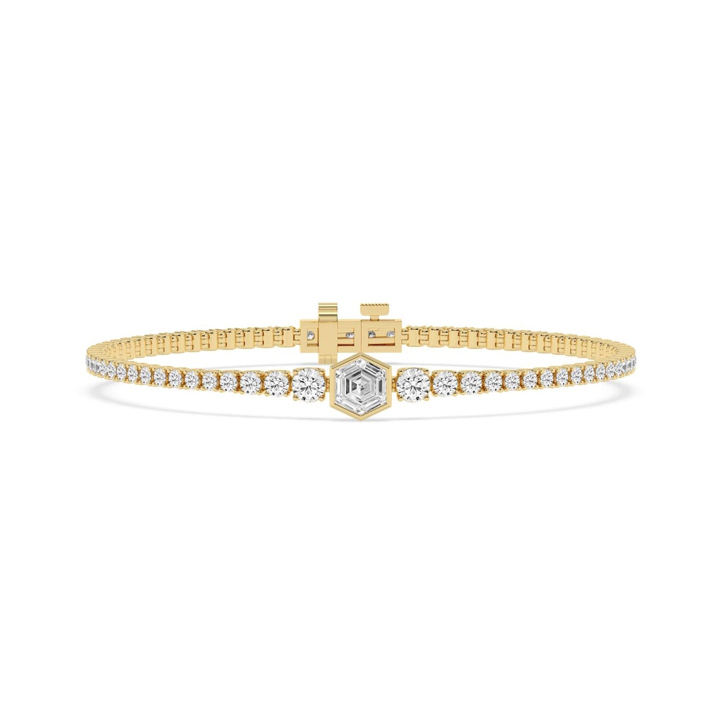 Lumeniri Valentina hexagon lab grown diamond tennis bracelet in 14K yellow gold with IGI certified center stone