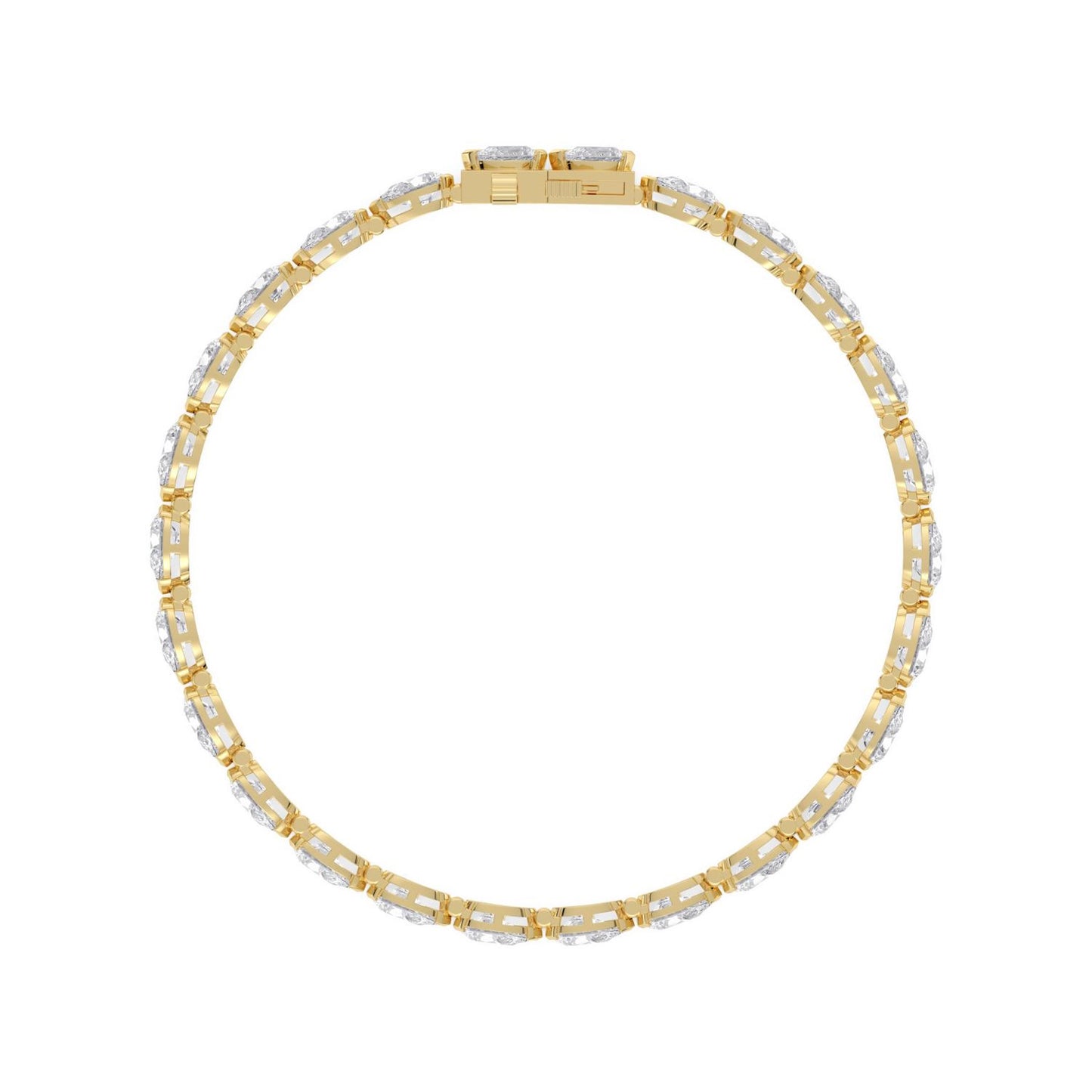 Lumeniri Zaria bracelet with pear shaped lab grown diamonds in secure half bezel tennis style, polished 14K yellow gold