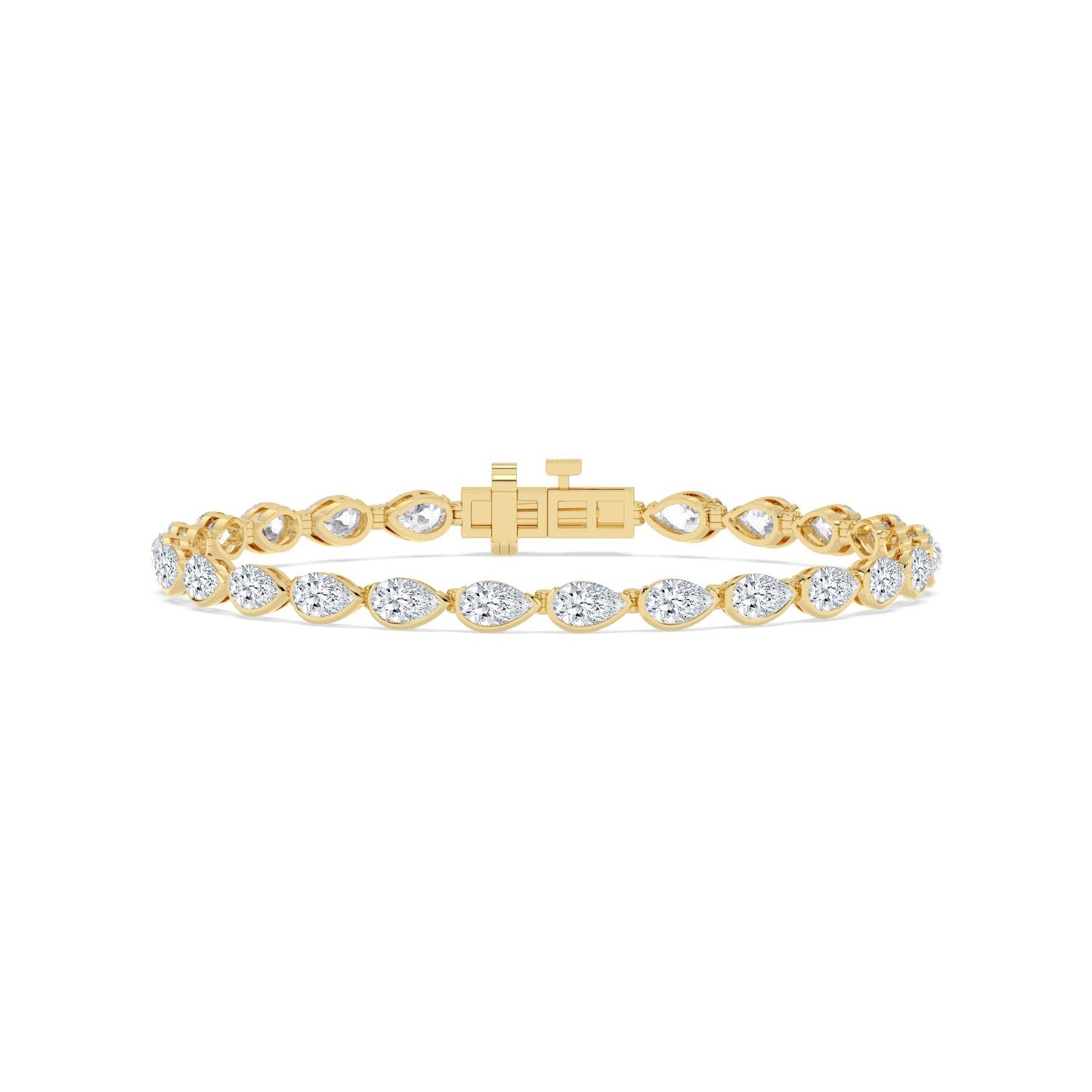 Lumeniri Zaria pear lab grown diamond tennis bracelet in 14K yellow gold featuring half bezel elegant setting