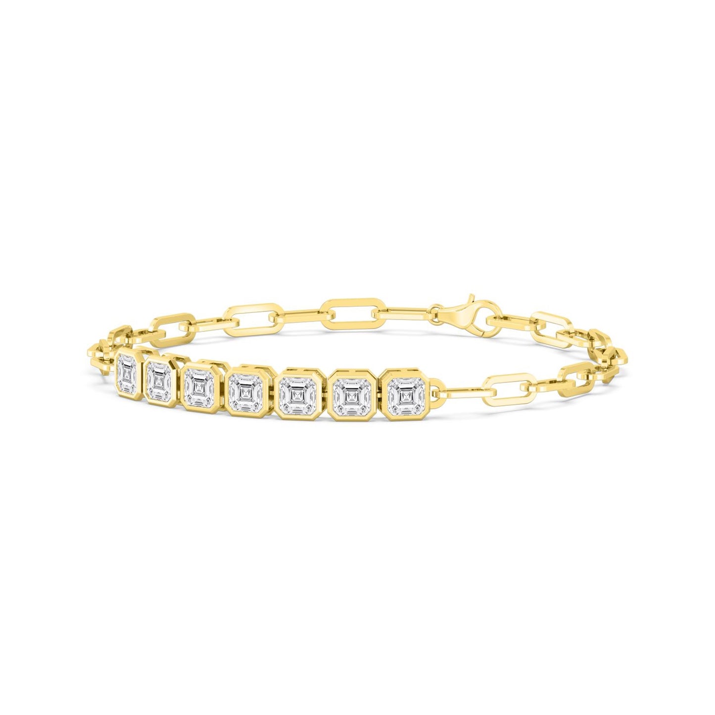 Lumeniri lab grown diamond bracelet showcasing seven Asscher bezel-set stones on 14K yellow gold paperclip chain