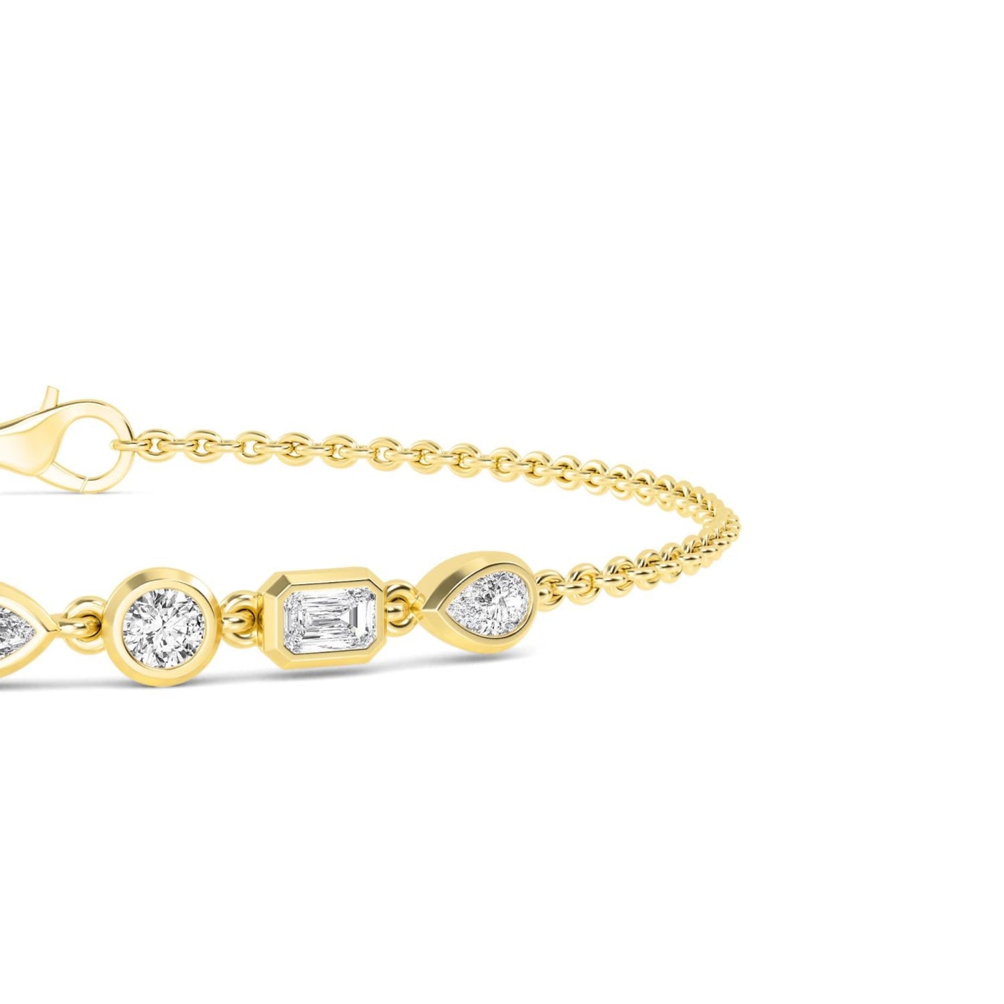 Lumeniri lab grown diamond bracelet showcasing seven bezel-set mixed shapes in refined 14K yellow gold setting