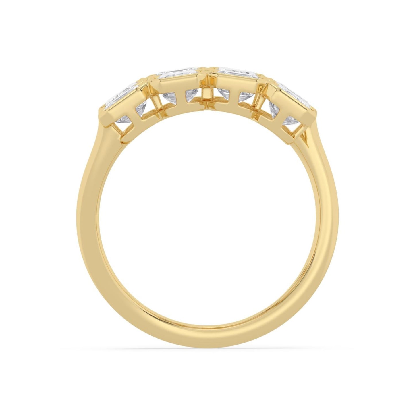 Lumeniri lab grown diamond bypass ring showcasing emerald and Asscher cuts in bezel settings on 14K yellow gold band