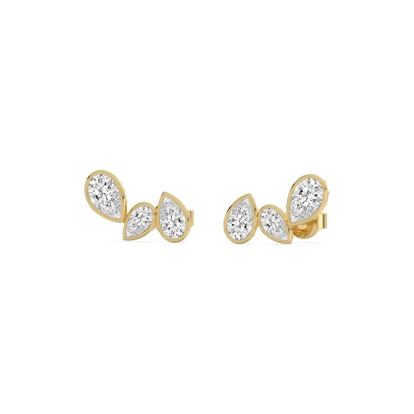 Lumeniri lab grown diamond climber earrings showcasing six pear shaped stones in polished 14K yellow gold setting
