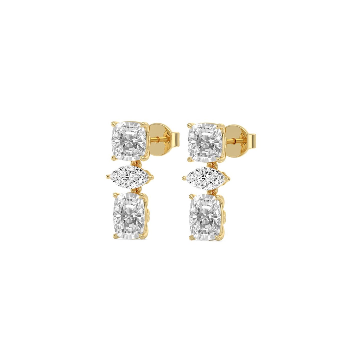 Lumeniri lab grown diamond dangle earrings showcasing cushion and marquise stones in polished 14K yellow gold