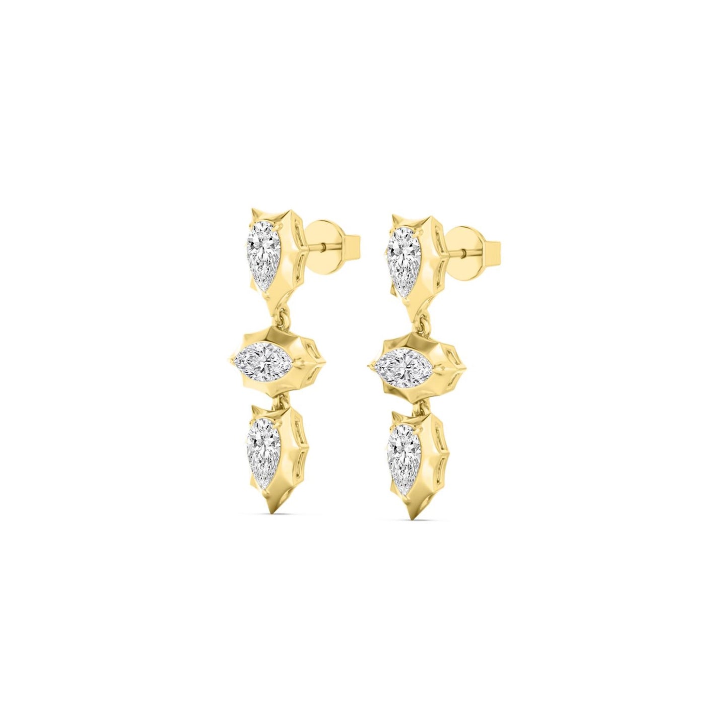 Lumeniri lab grown diamond earrings showcasing pear and marquise stones in pointed bezel-set 14K yellow gold dangles