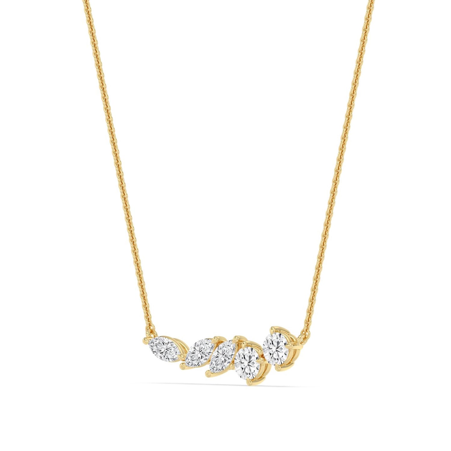 Lumeniri lab grown diamond pendant showcasing mixed shape marquise and round stones in polished 14K yellow gold