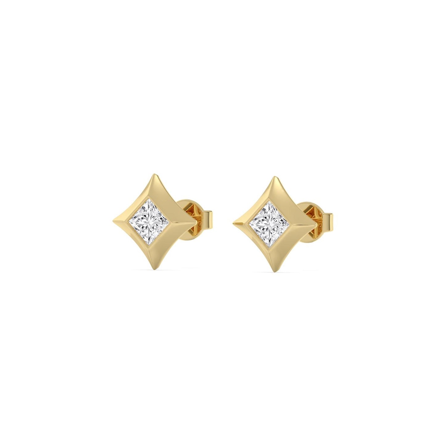 Lumeniri lab grown diamond stud earrings showcasing princess cut stones in refined 14K yellow gold setting