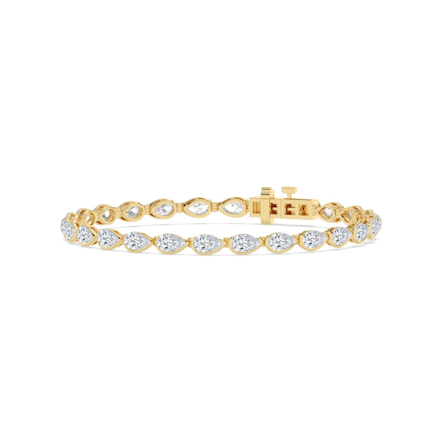 Lumeniri lab grown diamond tennis bracelet showcasing pear cut stones in modern 14K yellow gold half bezel setting