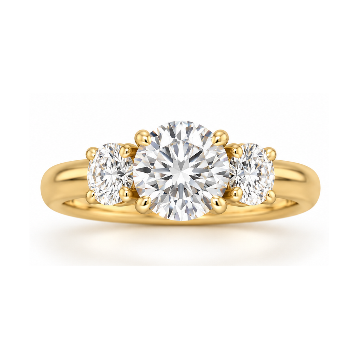 Lumeniri three-stone lab-grown diamond ring featuring a round brilliant center stone and two side diamonds in 14K gold.