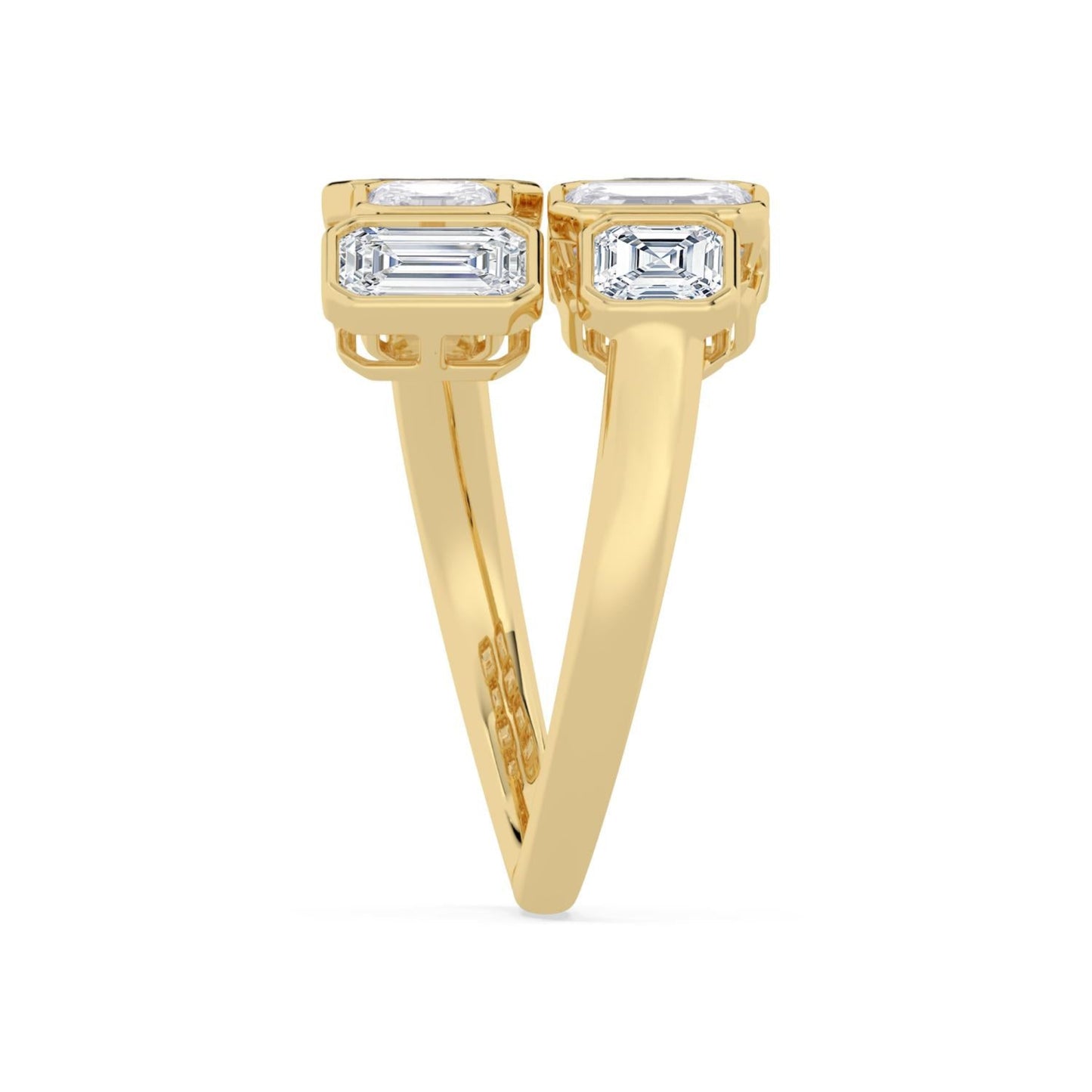 Mariela bypass ring by Lumeniri with emerald and Asscher lab grown diamonds, elegant 14K yellow gold minimalist wrap silhouette