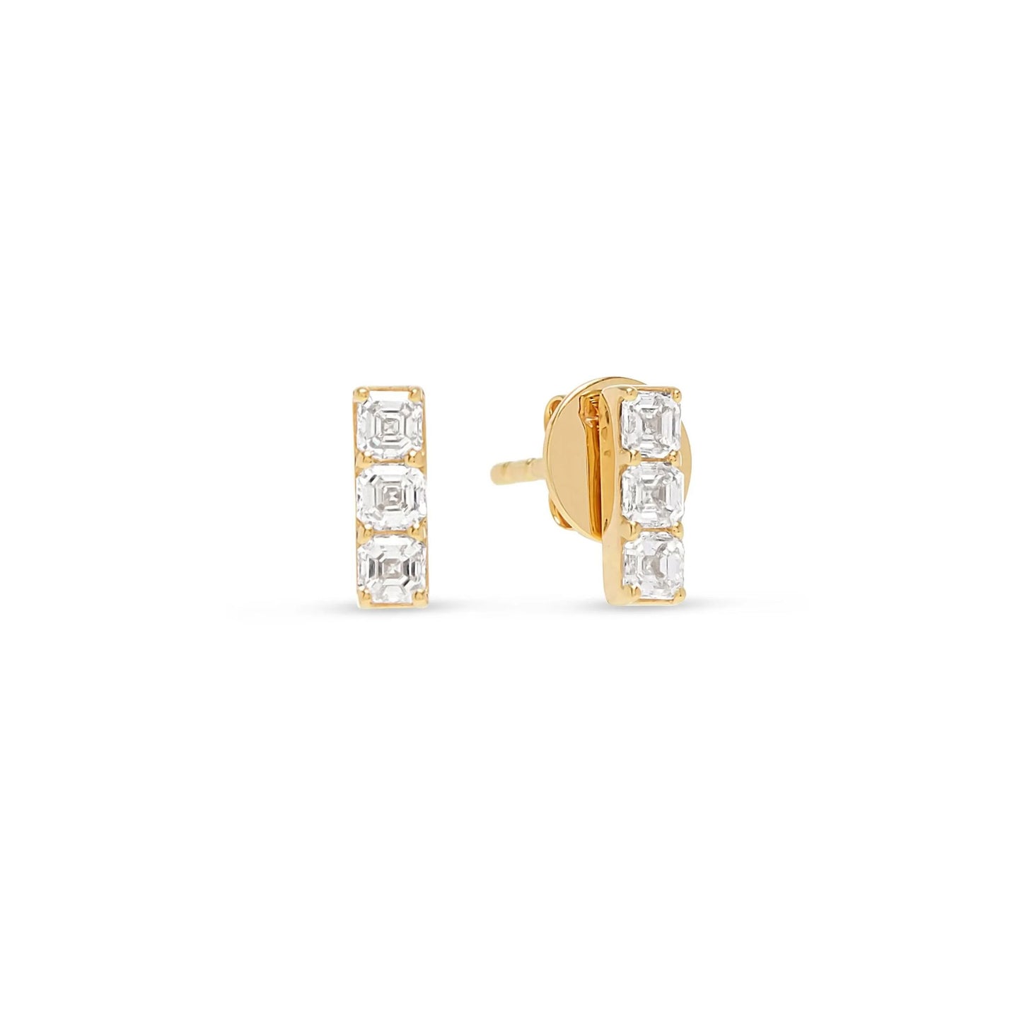 Maya stick stud earrings Asscher diamonds 14K gold EF VS lab created white background studio shot