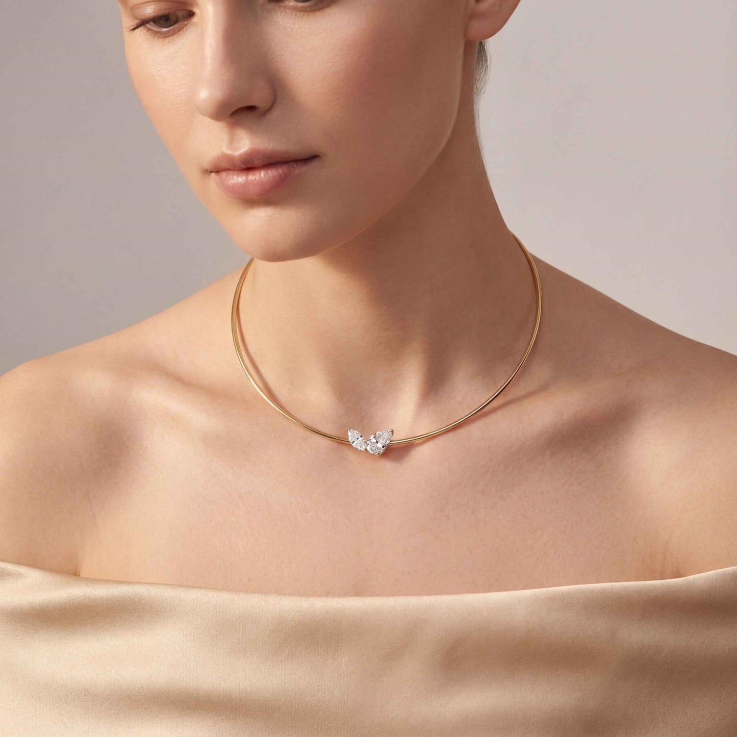 Modern Lumeniri Camila choker with lab grown marquise and pear diamonds in sleek omega tube design