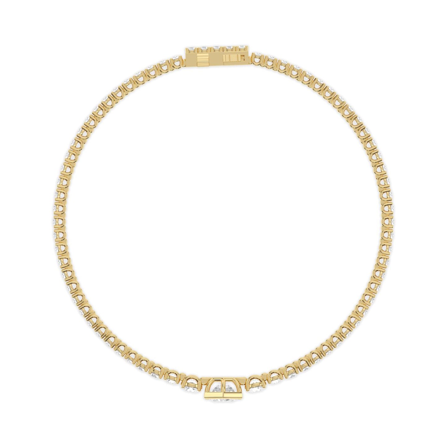 Modern Lumeniri tennis bracelet with hexagon center diamond, graduated lab grown stones, and refined 14K yellow gold craftsmanship