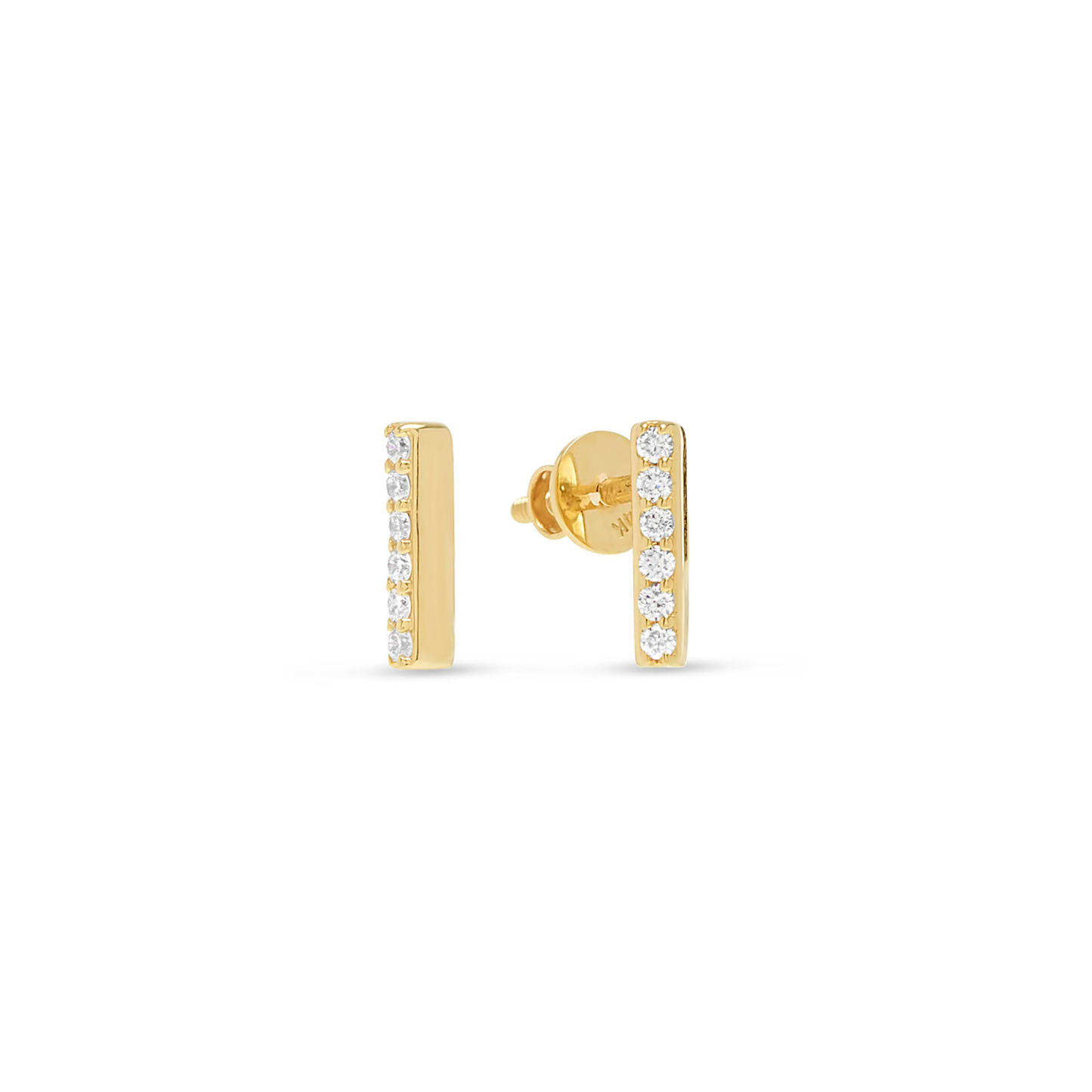 Noora angular stick diamond studs lab created 14K yellow gold minimalist geometric jewelry white background shot