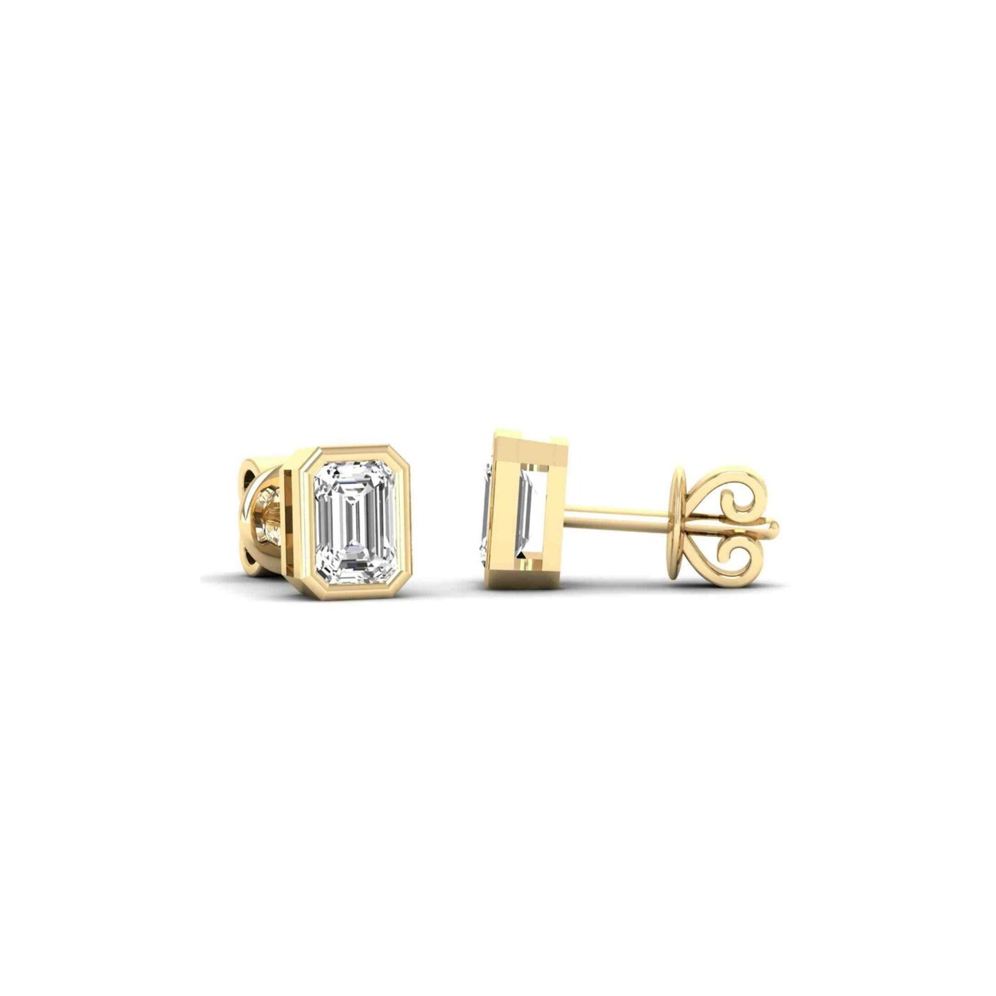 Noura 1.00ct emerald diamond studs bezel set lab grown fine jewelry 14K yellow gold white background minimalist product shot