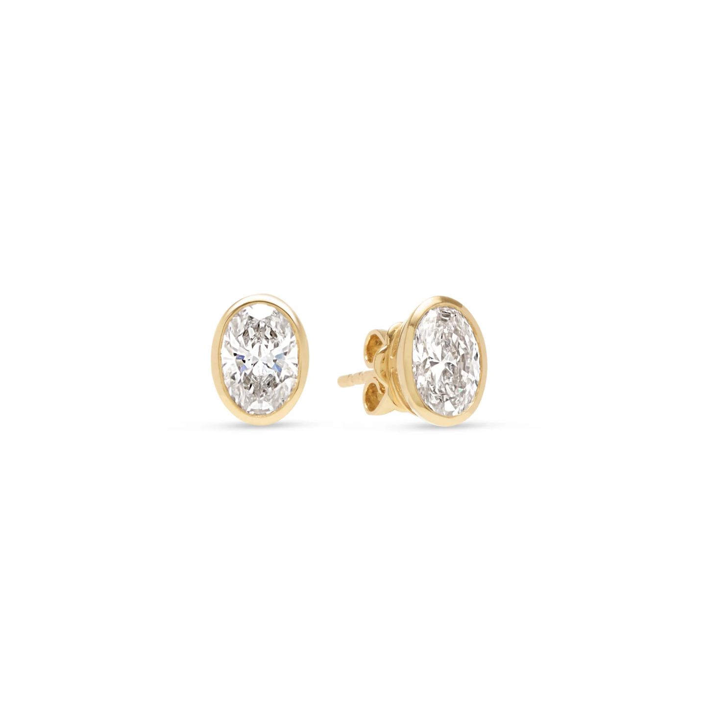 Noura oval diamond studs 2ct bezel set lab created minimalist white background jewelry shot