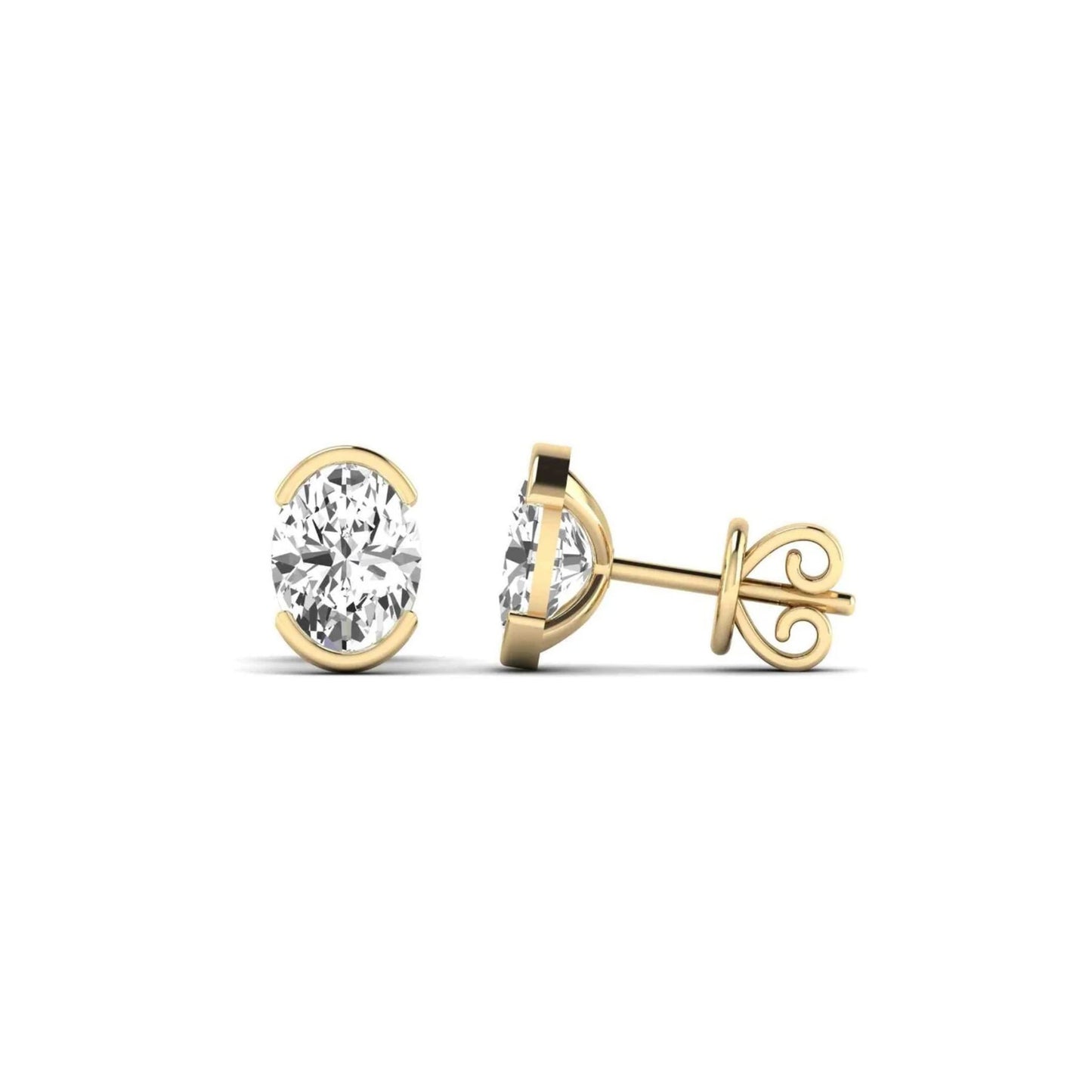 Oran oval diamond studs 2ct EF VS lab created half bezel setting minimalist jewelry photography