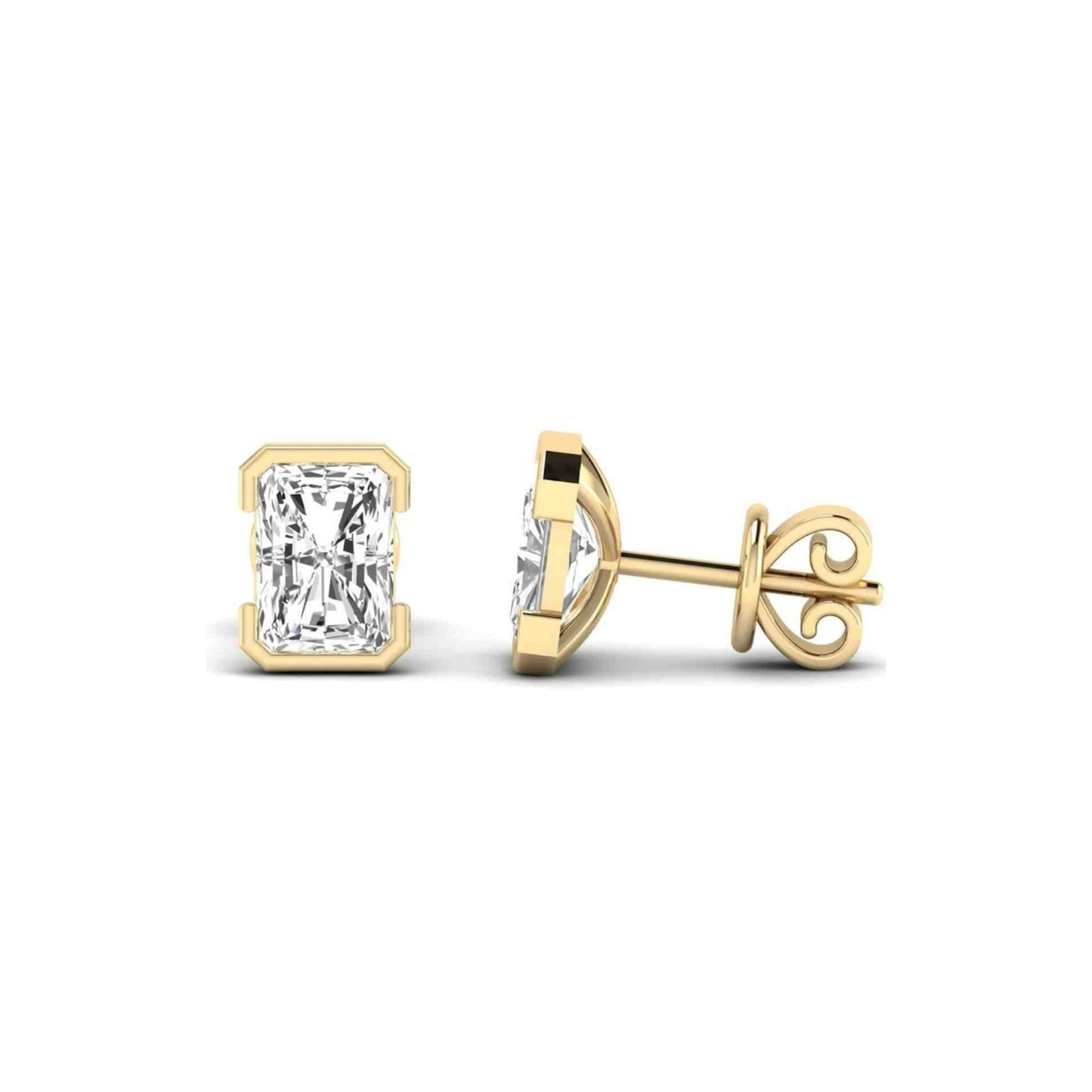 Oran radiant half bezel diamond studs 14K yellow gold 2ct EF VS minimalist studio jewelry photography white background