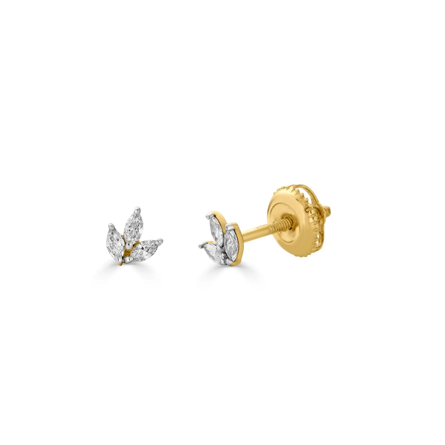 Petite marquise petal diamond stud earrings 0.164ct lab grown 14K yellow gold clean product image