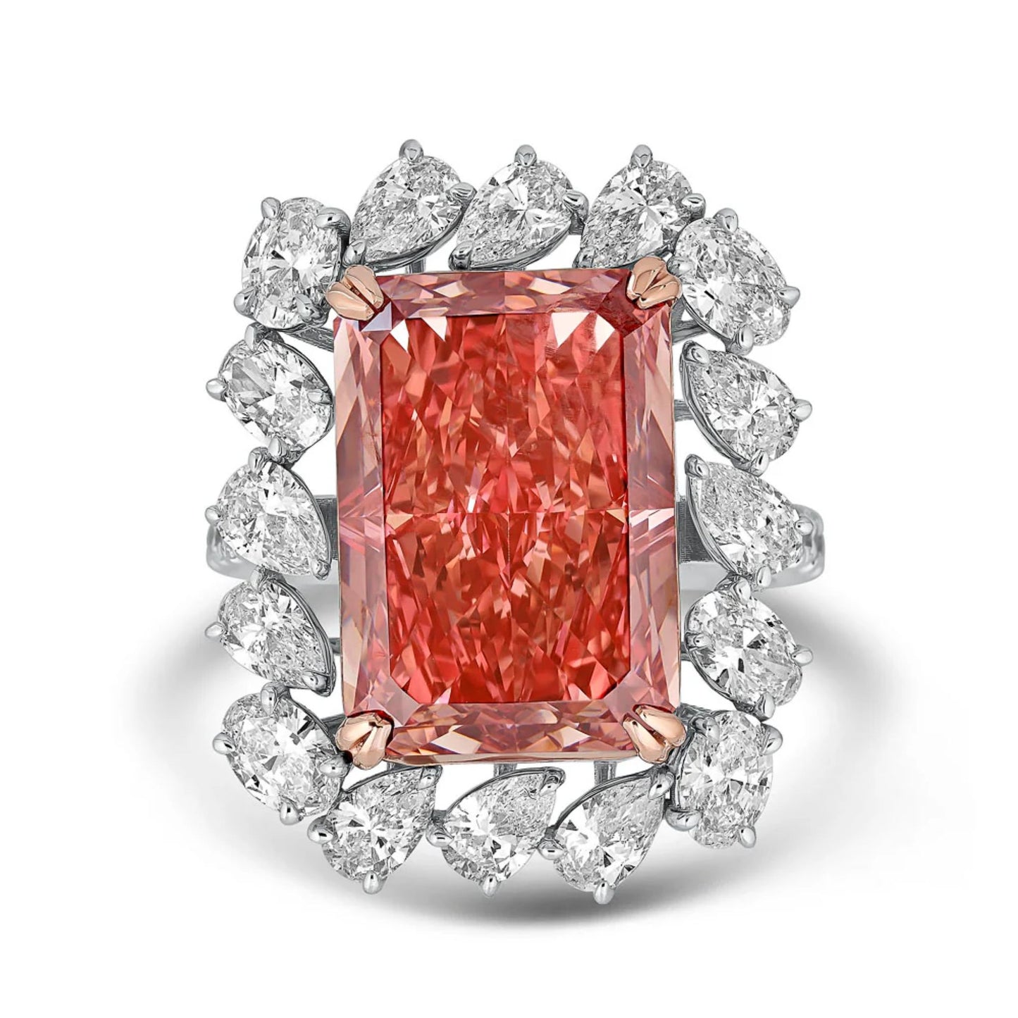Radiant Cut Pink Diamond Cocktail Ring with Abstract Pear Halo in 14K solid white gold