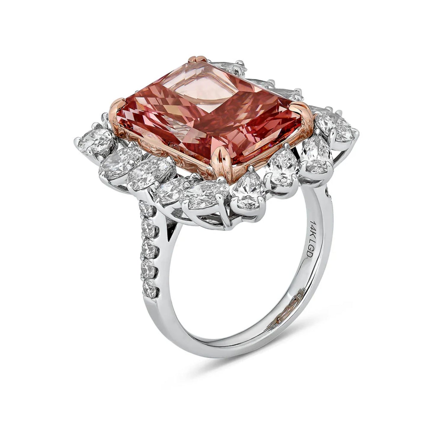 Radiant Cut Pink Diamond Cocktail Ring with Abstract Pear Halo in 14K solid white gold by Lumeniri