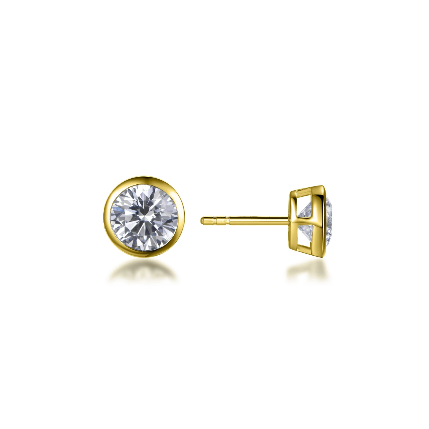 Round bezel set diamond stud earrings lab grown DEF VS 14K yellow gold clean product image