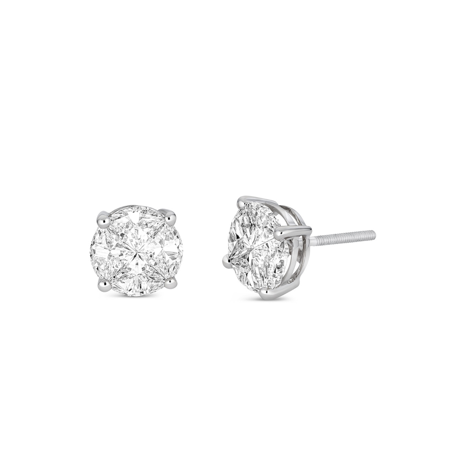 Round illusion diamond stud earrings 14K white gold minimalist fine jewelry studio shot lab created diamonds clean background