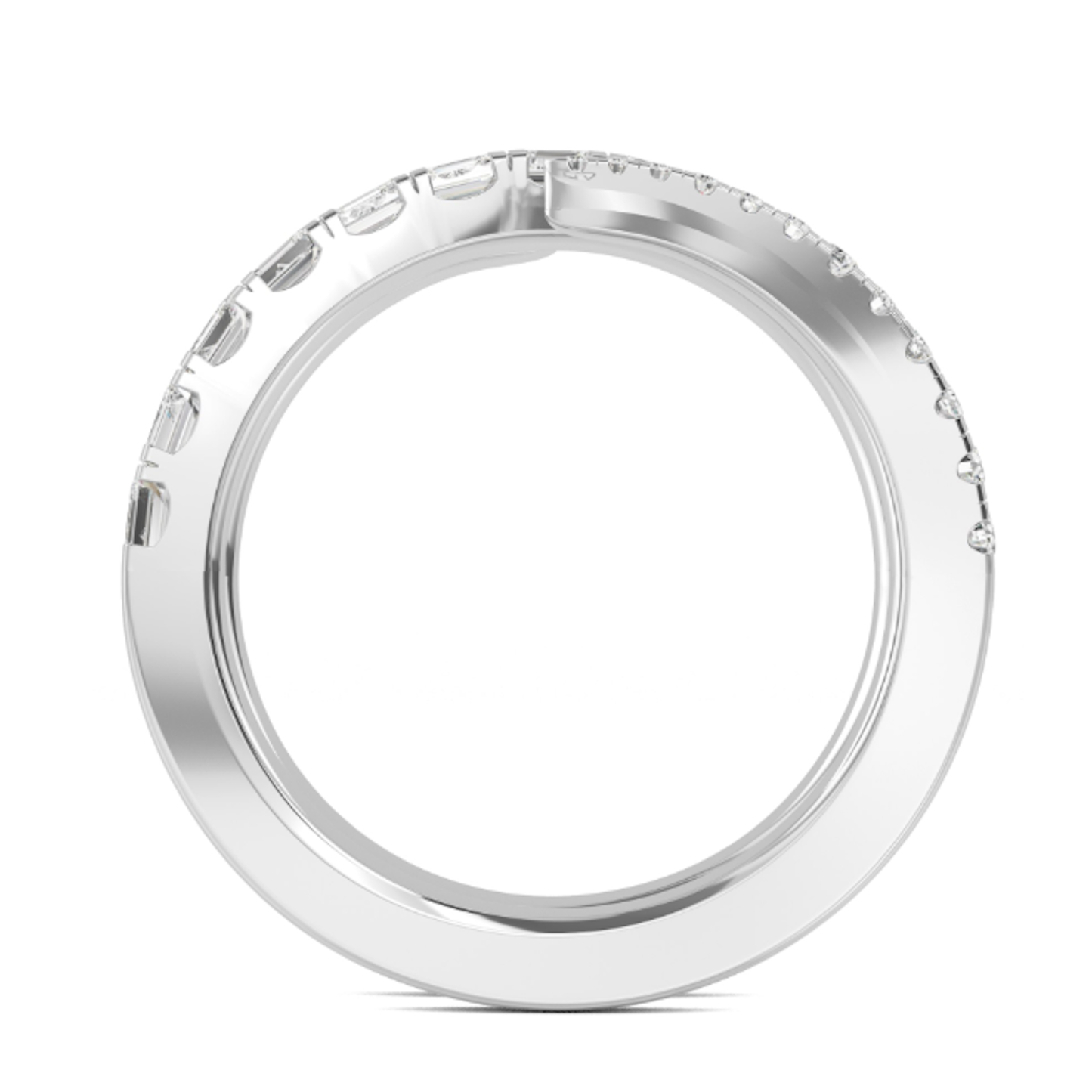 Side profile of the Kenzie Coil Ring showing the elegant wraparound form with sparkling E-F color, VS clarity lab-grown diamonds in 14K white gold
