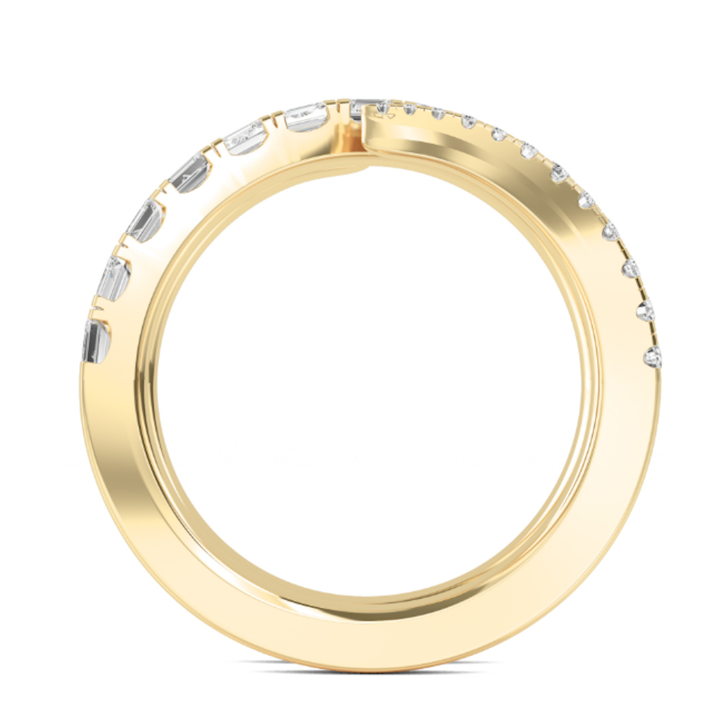 Side profile of the Kenzie Coil Ring showing the elegant wraparound form with sparkling E-F color, VS clarity lab-grown diamonds in 14K yellow gold