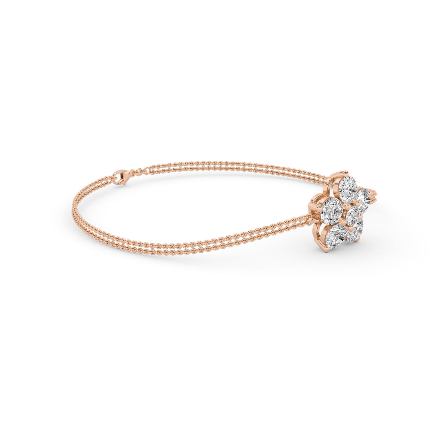 Side view of the Flower Chain Bracelet Double highlighting layered chain detail and floral diamond motif in 14k rose gold