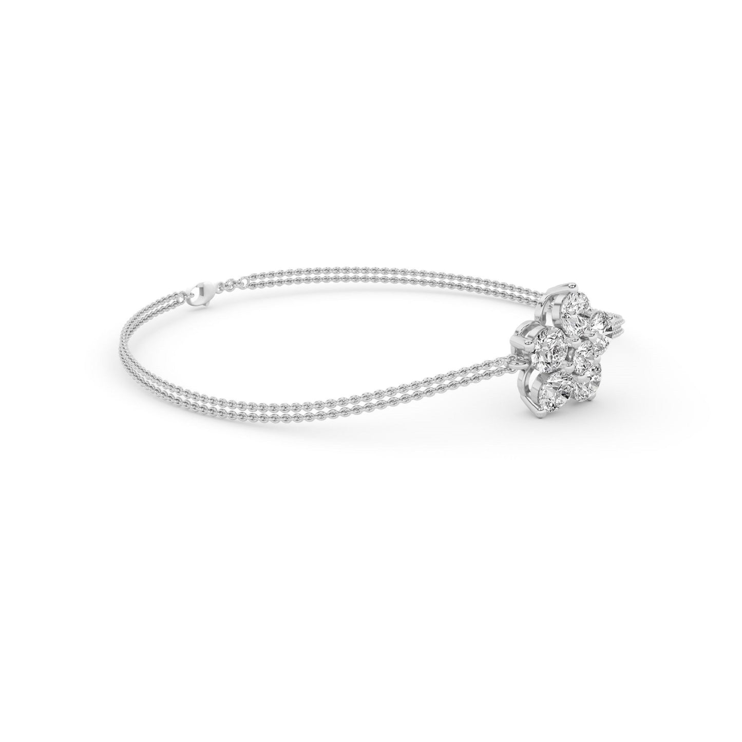 Side view of the Flower Chain Bracelet Double highlighting layered chain detail and floral diamond motif in 14k white gold