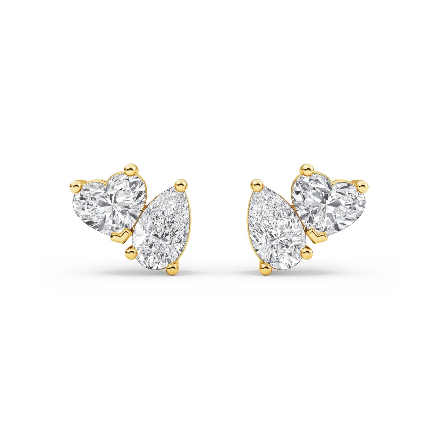 Lumeniri Amorette Petite Heart & Pear Stud Earrings featuring 0.88ct lab-grown diamonds with 1.01ct side stones in 14K yellow gold, showcasing a romantic heart and pear design.