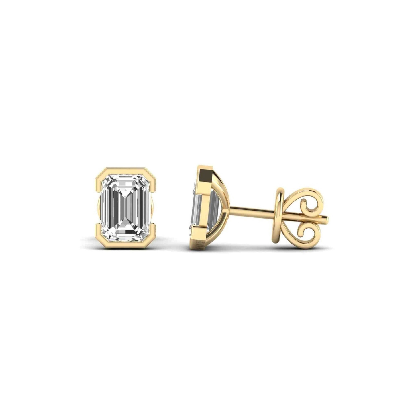 The Oran half bezel diamond studs 14K gold 2ct EF VS minimalist studio jewelry photography white background