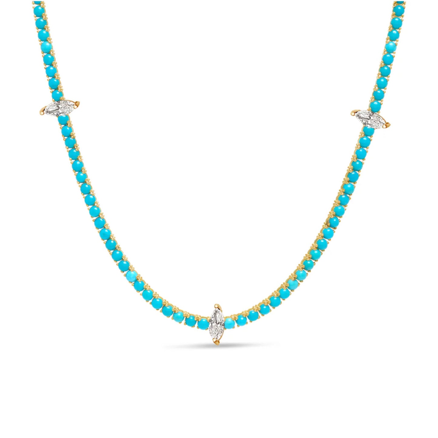 Turquoise Tennis Necklace with Marquise Diamond Accents 14K Yellow Gold by Lumeniri